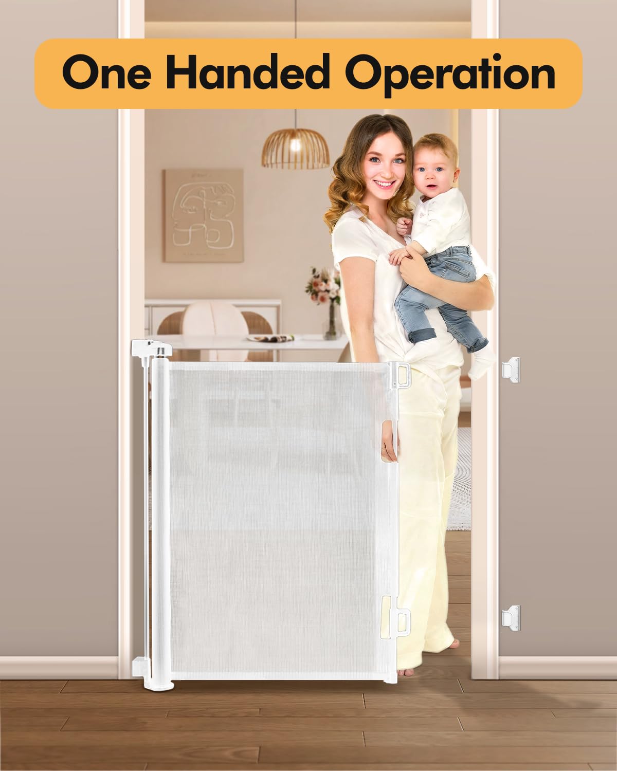 Retractable Baby Gate for Stairs & Doorways, 55 Wide x 33.6 Tall Easy Installation Mesh Dog Gate for Indoor & Outdoor Use,Pet and Dog Safety Gate for Hallways(White)